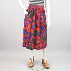 Vintage 80s Pleated Bright Red Floral Midi Skirt, Women's Size 12, 28" Waist
